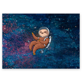 Поздравительная открытка с принтом Милый ленивец в космосе в Тюмени, 100% бумага | плотность бумаги 280 г/м2, матовая, на обратной стороне линовка и место для марки
 | nasa | космонавт | космос | ленивец | метеориты | милый | наса