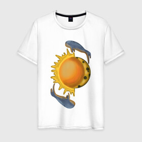 Мужская футболка хлопок с принтом Киты в Тюмени, 100% хлопок | прямой крой, круглый вырез горловины, длина до линии бедер, слегка спущенное плечо. | fly | дуализм | космос | медитация | полет | фантазия