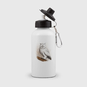 Бутылка спортивная с принтом Кот сова нарисованная в Тюмени, металл | емкость — 500 мл, в комплекте две пластиковые крышки и карабин для крепления | cat | owl | кот | рисунок | сова