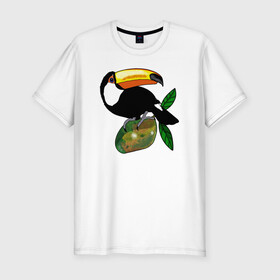 Мужская футболка хлопок Slim с принтом Тукан и манго в Тюмени, 92% хлопок, 8% лайкра | приталенный силуэт, круглый вырез ворота, длина до линии бедра, короткий рукав | bird | exotic | fruit | summer | tropical | аргентина | джунгли | еда | животные | звери | крылья | лето | листья | манго | мексика | острова | отпуск | пернатые | природа | птенец | птица | птичка | растения | тропические