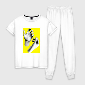 Женская пижама хлопок с принтом Монохромные руки в Тюмени, 100% хлопок | брюки и футболка прямого кроя, без карманов, на брюках мягкая резинка на поясе и по низу штанин | белый | желтый | жест | жесты | ладонь | пальцы | фотография | человек | черный