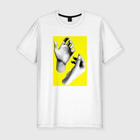 Мужская футболка хлопок Slim с принтом Монохромные руки в Тюмени, 92% хлопок, 8% лайкра | приталенный силуэт, круглый вырез ворота, длина до линии бедра, короткий рукав | белый | желтый | жест | жесты | ладонь | пальцы | фотография | человек | черный