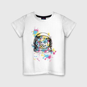 Детская футболка хлопок с принтом Космокот в Тюмени, 100% хлопок | круглый вырез горловины, полуприлегающий силуэт, длина до линии бедер | Тематика изображения на принте: астронавт | вселенная | кляксы | космонавт | космонавтика | космос | краска | полёт | разноцветный | скафандр | шлем
