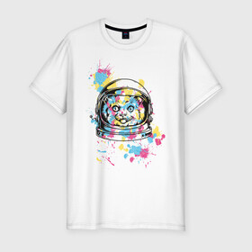 Мужская футболка хлопок Slim с принтом Космокот в Тюмени, 92% хлопок, 8% лайкра | приталенный силуэт, круглый вырез ворота, длина до линии бедра, короткий рукав | астронавт | вселенная | кляксы | космонавт | космонавтика | космос | краска | полёт | разноцветный | скафандр | шлем