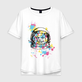 Мужская футболка хлопок Oversize с принтом Космокот в Тюмени, 100% хлопок | свободный крой, круглый ворот, “спинка” длиннее передней части | астронавт | вселенная | кляксы | космонавт | космонавтика | космос | краска | полёт | разноцветный | скафандр | шлем