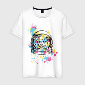 Мужская футболка хлопок с принтом Космокот в Тюмени, 100% хлопок | прямой крой, круглый вырез горловины, длина до линии бедер, слегка спущенное плечо. | астронавт | вселенная | кляксы | космонавт | космонавтика | космос | краска | полёт | разноцветный | скафандр | шлем
