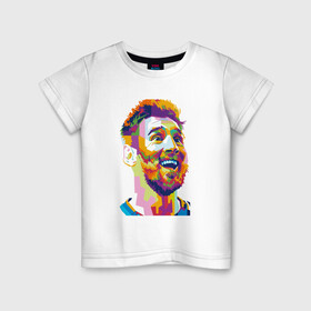 Детская футболка хлопок с принтом Messi Smile в Тюмени, 100% хлопок | круглый вырез горловины, полуприлегающий силуэт, длина до линии бедер | argentina | barca | barcelona | football | lionel | messi | spain | sport | аргентина | барса | барселона | гол | золотой мяч | игрок | испания | камп ноу | лионель | месси | мяч | спорт | тренер | футбол | чемпион | чемпионат