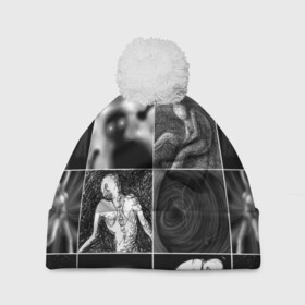 Шапка 3D c помпоном с принтом Мрачные скетчи Плитка в Тюмени, 100% полиэстер | универсальный размер, печать по всей поверхности изделия | halloween | sketches | мрачное | рисунки | скетчи | страшное | ужасы | человечки