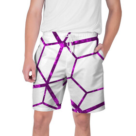Мужские шорты 3D с принтом Hexagon в Тюмени,  полиэстер 100% | прямой крой, два кармана без застежек по бокам. Мягкая трикотажная резинка на поясе, внутри которой широкие завязки. Длина чуть выше колен | Тематика изображения на принте: hexagon | lines | purple | violet | линии | фиолетовый многоугольник | шестиугольник