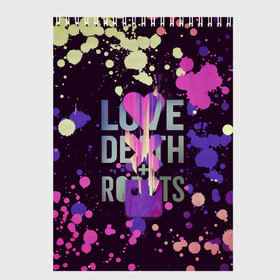 Скетчбук (блокнот) с принтом Love Death and Robots в Тюмени, 100% бумага
 | 48 листов, плотность листов — 100 г/м2, плотность картонной обложки — 250 г/м2. Листы скреплены сверху удобной пружинной спиралью | cartoon | death | fantasy | heavy | horror | metal | miller | netflix | robots | tim | witness | любовь | миллер | мультфильм | робот | роботы | тим | ужасы | фэнтези