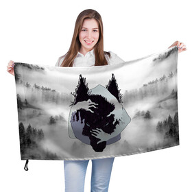 Флаг 3D с принтом ВОЛК WOLF в Тюмени, 100% полиэстер | плотность ткани — 95 г/м2, размер — 67 х 109 см. Принт наносится с одной стороны | wolf | арт | белое | белый | волк | волки | волф | вульф | животные | звери | лес | туман | хищник