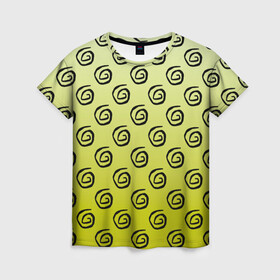Женская футболка 3D с принтом узор спиральки на желтом фоне в Тюмени, 100% полиэфир ( синтетическое хлопкоподобное полотно) | прямой крой, круглый вырез горловины, длина до линии бедер | геометрия | градиент | желтый фон | загогулины | закарлючки | закорлючки | лето | солнце | спираль | спиральки | тренд | узор