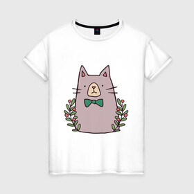 Женская футболка хлопок с принтом торжественный кот в Тюмени, 100% хлопок | прямой крой, круглый вырез горловины, длина до линии бедер, слегка спущенное плечо | акварель | бабочка | бантик | галстук | животные | звери | кот | котейка | рисунок | торжественный
