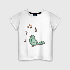 Детская футболка хлопок с принтом птичка зеленая поет в Тюмени, 100% хлопок | круглый вырез горловины, полуприлегающий силуэт, длина до линии бедер | весна | зеленый птенчик | мелодия | музыка | ноты | оратор | певец | певица | пение | песня | птенец | птица | птичка | птичужка | радость | рисунок | чив | чирик