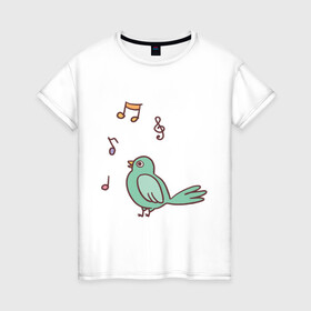 Женская футболка хлопок с принтом птичка зеленая поет в Тюмени, 100% хлопок | прямой крой, круглый вырез горловины, длина до линии бедер, слегка спущенное плечо | весна | зеленый птенчик | мелодия | музыка | ноты | оратор | певец | певица | пение | песня | птенец | птица | птичка | птичужка | радость | рисунок | чив | чирик