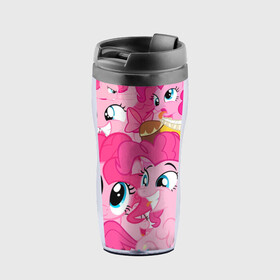 Термокружка-непроливайка с принтом Pinkie Pie pattern в Тюмени, внутренняя часть — пищевой пластик, наружная часть — прозрачный пластик, между ними — полиграфическая вставка с рисунком | объем — 350 мл, герметичная крышка | Тематика изображения на принте: my little pony | дружба это чудо | единорог | единороги | май литл пони | мульт | мультфильм