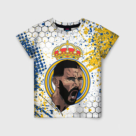 Детская футболка 3D с принтом КАРИМ БЕНЗЕМА / REAL MADRID в Тюмени, 100% гипоаллергенный полиэфир | прямой крой, круглый вырез горловины, длина до линии бедер, чуть спущенное плечо, ткань немного тянется | Тематика изображения на принте: football | grunge. | karim mostafa benzema | real madrid | sport | брызги | карим бензема | реал мадрид | сборная франции | спорт | футбол