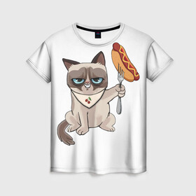 Женская футболка 3D с принтом Злобный котяу в Тюмени, 100% полиэфир ( синтетическое хлопкоподобное полотно) | прямой крой, круглый вырез горловины, длина до линии бедер | вилка | голодный кот | еда | злобный кот | сосиска | фастфуд | хот дог