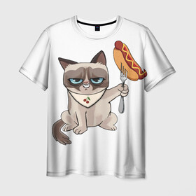 Мужская футболка 3D с принтом Злобный котяу в Тюмени, 100% полиэфир | прямой крой, круглый вырез горловины, длина до линии бедер | Тематика изображения на принте: вилка | голодный кот | еда | злобный кот | сосиска | фастфуд | хот дог