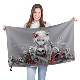 Флаг 3D с принтом Девушка с черепом в Тюмени, 100% полиэстер | плотность ткани — 95 г/м2, размер — 67 х 109 см. Принт наносится с одной стороны | девушка | демон | кости | красные цветы | с рогами | череп