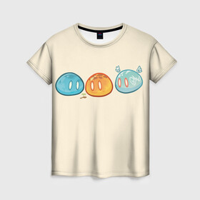 Женская футболка 3D с принтом Genshin impact Slime trio №1 в Тюмени, 100% полиэфир ( синтетическое хлопкоподобное полотно) | прямой крой, круглый вырез горловины, длина до линии бедер | colorful | cute | genshin impact | slime | геншин | геншин импакт | милота