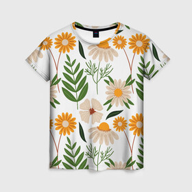 Женская футболка 3D с принтом Цветы и листья в Тюмени, 100% полиэфир ( синтетическое хлопкоподобное полотно) | прямой крой, круглый вырез горловины, длина до линии бедер | листья | полевые цветы | ромашки | текстуры | узор | цветы | цветы и листья
