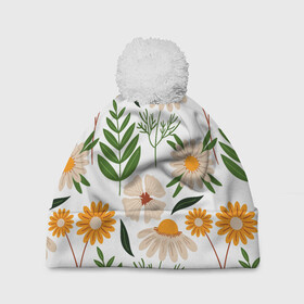 Шапка 3D c помпоном с принтом Цветы и листья в Тюмени, 100% полиэстер | универсальный размер, печать по всей поверхности изделия | листья | полевые цветы | ромашки | текстуры | узор | цветы | цветы и листья