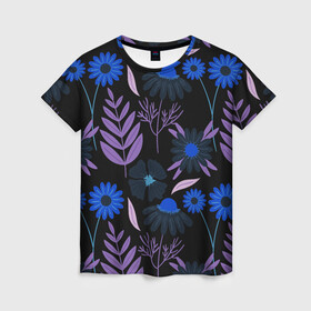 Женская футболка 3D с принтом Цветы и листья в Тюмени, 100% полиэфир ( синтетическое хлопкоподобное полотно) | прямой крой, круглый вырез горловины, длина до линии бедер | васильки | листья | полевые цветы | ромашки | текстуры | узор | фиолетовые листья | цветы | цветы и листья