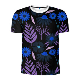 Мужская футболка 3D спортивная с принтом Цветы и листья в Тюмени, 100% полиэстер с улучшенными характеристиками | приталенный силуэт, круглая горловина, широкие плечи, сужается к линии бедра | васильки | листья | полевые цветы | ромашки | текстуры | узор | фиолетовые листья | цветы | цветы и листья