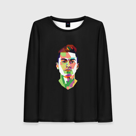 Женский лонгслив 3D с принтом Paulo Dybala Pop Art в Тюмени, 100% полиэстер | длинные рукава, круглый вырез горловины, полуприлегающий силуэт | art | champion | dybala | football | form | institute | juventus | palermo | paulo | player | pop | soccer | uniform | дибала | институто | легенда | палермо | пауло | форма | футбол | футбола | футболист | чемпион | ювентус