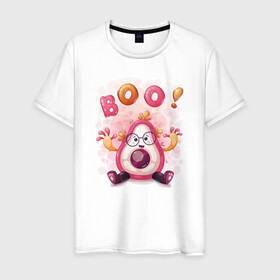 Мужская футболка хлопок с принтом Авокадо boo! в Тюмени, 100% хлопок | прямой крой, круглый вырез горловины, длина до линии бедер, слегка спущенное плечо. | avocado | boo | cute | fruit | авокадо | милый | музыка | фрукт