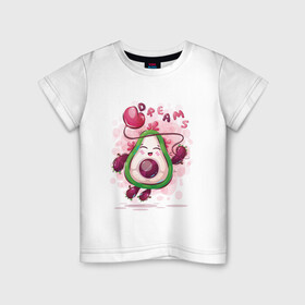 Детская футболка хлопок с принтом Авокадо dreams в Тюмени, 100% хлопок | круглый вырез горловины, полуприлегающий силуэт, длина до линии бедер | Тематика изображения на принте: avocado | cute | dream | fruit | heart | авокадо | милый | музыка | сердечко | сердце | фрукт
