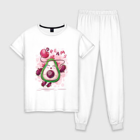 Женская пижама хлопок с принтом Авокадо dreams в Тюмени, 100% хлопок | брюки и футболка прямого кроя, без карманов, на брюках мягкая резинка на поясе и по низу штанин | avocado | cute | dream | fruit | heart | авокадо | милый | музыка | сердечко | сердце | фрукт