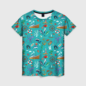 Женская футболка 3D с принтом Морские обитатели в Тюмени, 100% полиэфир ( синтетическое хлопкоподобное полотно) | прямой крой, круглый вырез горловины, длина до линии бедер | корабль | море | морские обитатели | осьминоги | пальмы | паттерны | рыбы | чайки | якорь | яхты