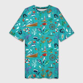 Платье-футболка 3D с принтом Морские обитатели в Тюмени,  |  | корабль | море | морские обитатели | осьминоги | пальмы | паттерны | рыбы | чайки | якорь | яхты