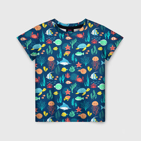 Детская футболка 3D с принтом Морские жители в Тюмени, 100% гипоаллергенный полиэфир | прямой крой, круглый вырез горловины, длина до линии бедер, чуть спущенное плечо, ткань немного тянется | водоросли | звезды | кораллы | крабы | медузы | море | паттерны | рыбы | черепахи