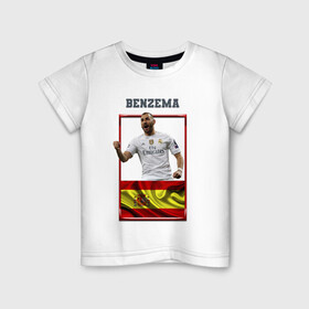 Детская футболка хлопок с принтом Карим Бензема (Реал Мадрид) в Тюмени, 100% хлопок | круглый вырез горловины, полуприлегающий силуэт, длина до линии бедер | Тематика изображения на принте: karim benzema | карим бензема | реал мадрид | флаг испании | футболист | футбольная форма