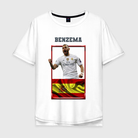 Мужская футболка хлопок Oversize с принтом Карим Бензема (Реал Мадрид) в Тюмени, 100% хлопок | свободный крой, круглый ворот, “спинка” длиннее передней части | karim benzema | карим бензема | реал мадрид | флаг испании | футболист | футбольная форма