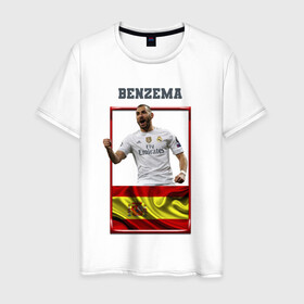 Мужская футболка хлопок с принтом Карим Бензема (Реал Мадрид) в Тюмени, 100% хлопок | прямой крой, круглый вырез горловины, длина до линии бедер, слегка спущенное плечо. | karim benzema | карим бензема | реал мадрид | флаг испании | футболист | футбольная форма