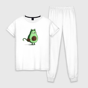 Женская пижама хлопок с принтом Авокадо кот идет на работу в Тюмени, 100% хлопок | брюки и футболка прямого кроя, без карманов, на брюках мягкая резинка на поясе и по низу штанин | avocado | cat | авокадо | кот | рисунок