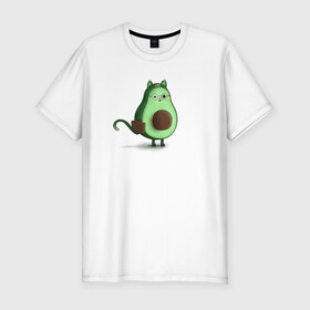 Мужская футболка хлопок Slim с принтом Авокадо кот идет на работу в Тюмени, 92% хлопок, 8% лайкра | приталенный силуэт, круглый вырез ворота, длина до линии бедра, короткий рукав | avocado | cat | авокадо | кот | рисунок