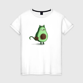 Женская футболка хлопок с принтом Авокадо кот идет на работу в Тюмени, 100% хлопок | прямой крой, круглый вырез горловины, длина до линии бедер, слегка спущенное плечо | avocado | cat | авокадо | кот | рисунок