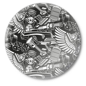 Значок с принтом Механика Автомобиль в Тюмени,  металл | круглая форма, металлическая застежка в виде булавки | Тематика изображения на принте: автомобиль | ключ | крыло | кубики | машина | механика | механический