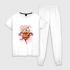 Женская пижама хлопок с принтом Смешной шмель в Тюмени, 100% хлопок | брюки и футболка прямого кроя, без карманов, на брюках мягкая резинка на поясе и по низу штанин | bumblebee | cute | бамблби | кавай | милый | насекомое | шмеленок | шмель