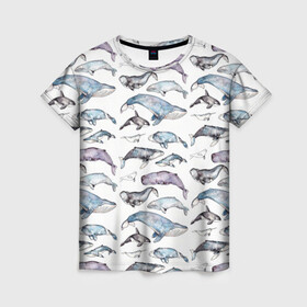 Женская футболка 3D с принтом киты паттерн в Тюмени, 100% полиэфир ( синтетическое хлопкоподобное полотно) | прямой крой, круглый вырез горловины, длина до линии бедер | ocean | sea | sea animal | акварель | графика | касатка | киты | море | океан | рисунок кита