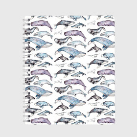 Тетрадь с принтом киты паттерн в Тюмени, 100% бумага | 48 листов, плотность листов — 60 г/м2, плотность картонной обложки — 250 г/м2. Листы скреплены сбоку удобной пружинной спиралью. Уголки страниц и обложки скругленные. Цвет линий — светло-серый
 | Тематика изображения на принте: ocean | sea | sea animal | акварель | графика | касатка | киты | море | океан | рисунок кита