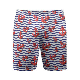 Мужские шорты спортивные с принтом Красные якоря в Тюмени,  |  | Тематика изображения на принте: волны | красные | море | паттерны | тельняшка | якоря