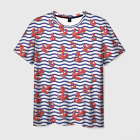 Мужская футболка 3D с принтом Красные якоря в Тюмени, 100% полиэфир | прямой крой, круглый вырез горловины, длина до линии бедер | Тематика изображения на принте: волны | красные | море | паттерны | тельняшка | якоря