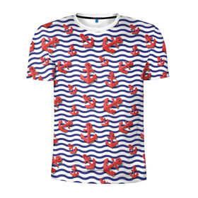 Мужская футболка 3D спортивная с принтом Красные якоря в Тюмени, 100% полиэстер с улучшенными характеристиками | приталенный силуэт, круглая горловина, широкие плечи, сужается к линии бедра | Тематика изображения на принте: волны | красные | море | паттерны | тельняшка | якоря