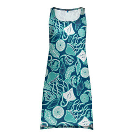 Платье-майка 3D с принтом Скаты и медузы в Тюмени, 100% полиэстер | полуприлегающий силуэт, широкие бретели, круглый вырез горловины, удлиненный подол сзади. | водоросли | медузы | море | паттерны | ракушки | рыбы | электрический скат